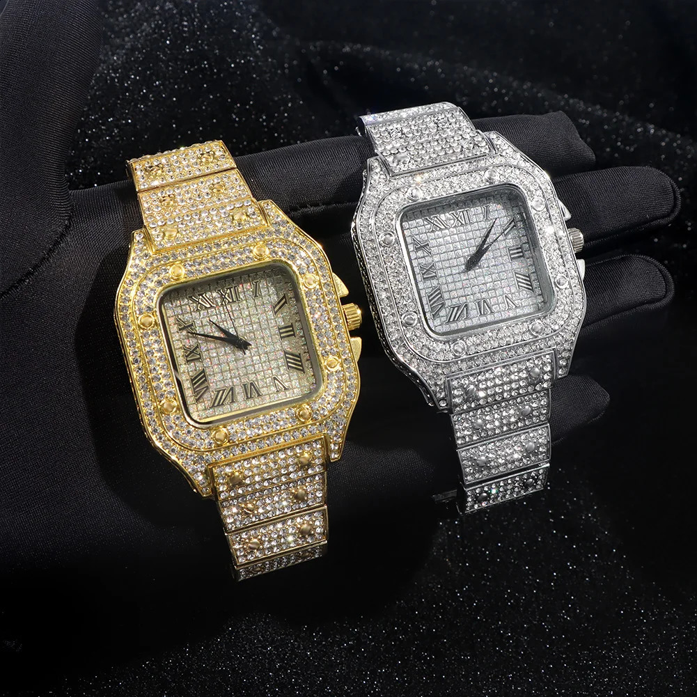 Fashion Full Iced Out Watches for Men Women Square Stainless Steel y Rhinestones Quartz Watch Hip Hop Party Gift 241017