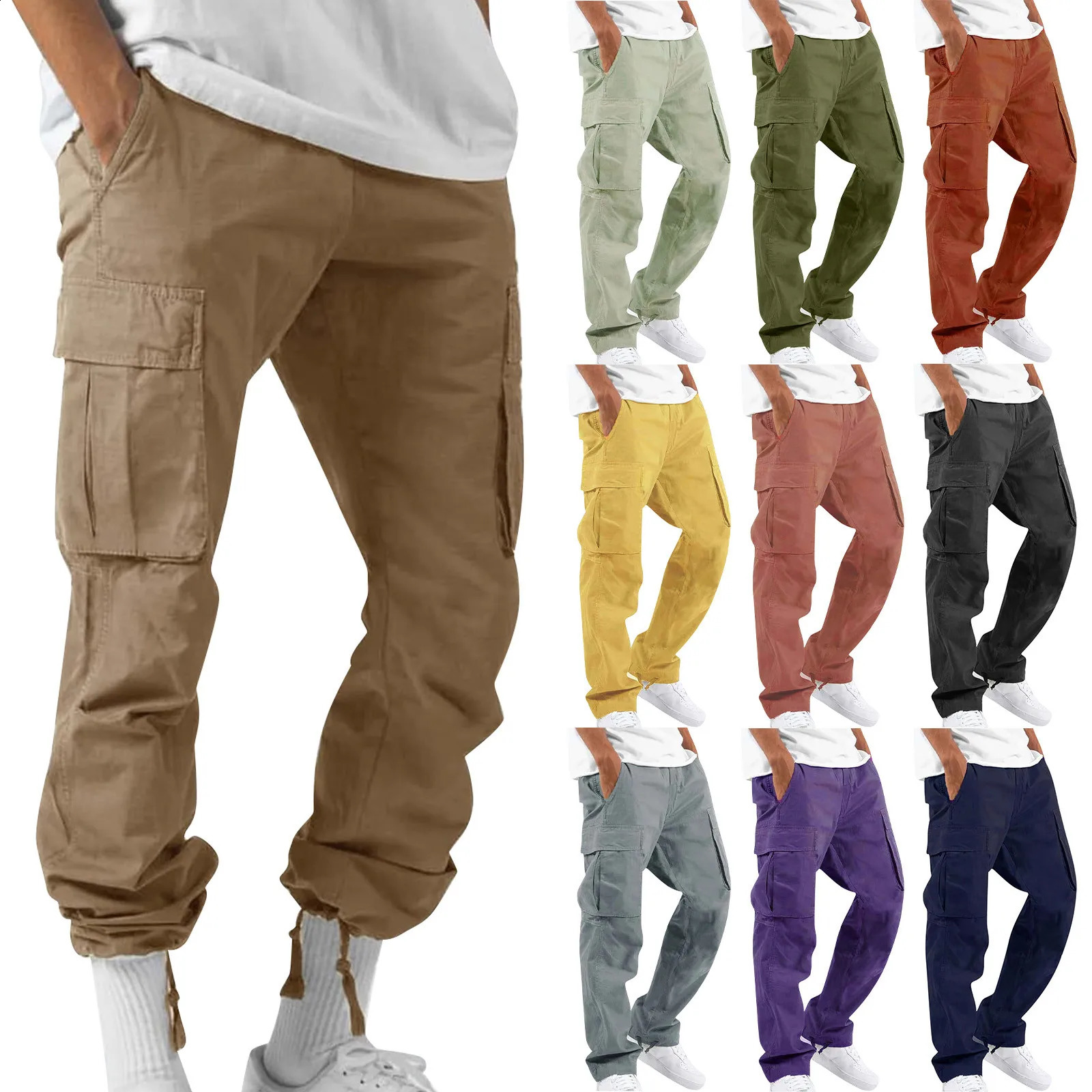 Purple MenS Loose Cargo Trousers Multi Pockets Jogger Sport Pants Drawstring Hiking Tactical Trousers Outdoor Hiking Pants 241010