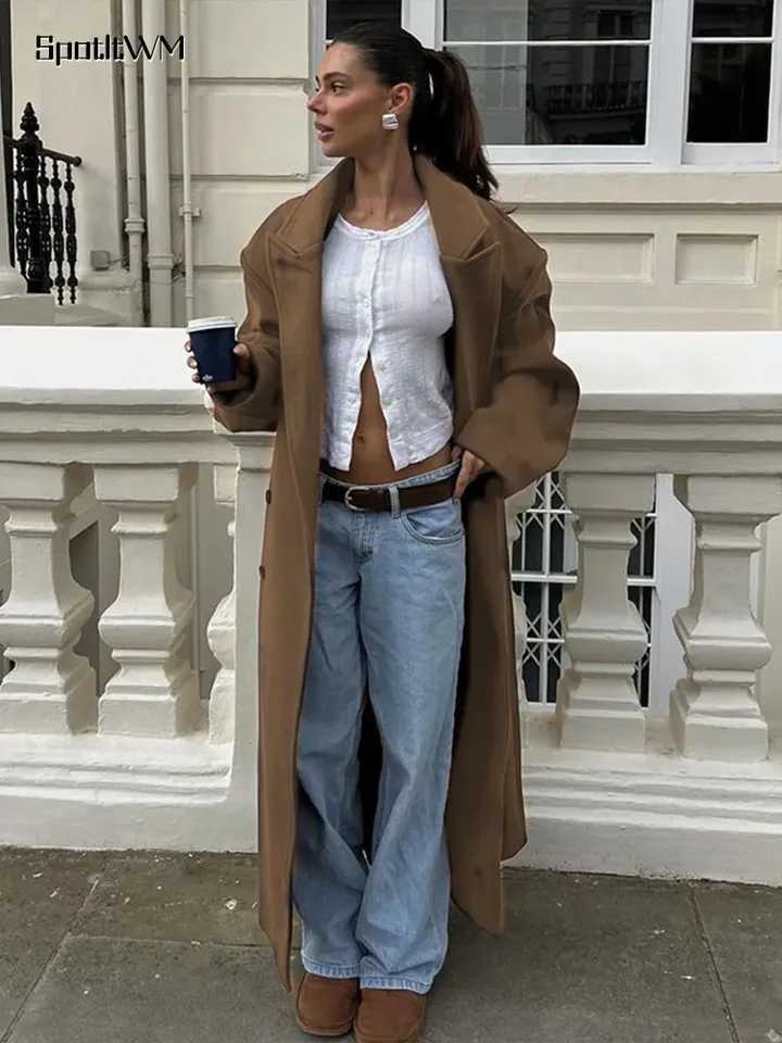 Solid Lapel Woolen Trench Long Overcoatswomen Elegant Double-breasted Pocket Loose Coat Fashion New Autumn Lady Street OuterwearX241009
