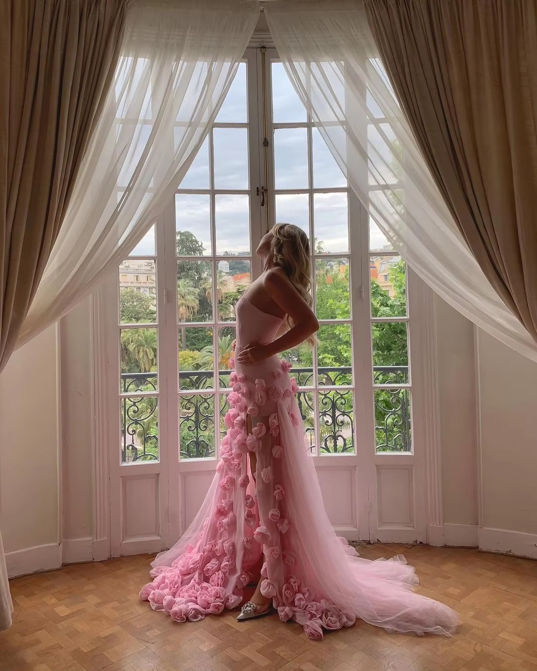 Pink Long Evening Dresses 3D Wers Sweetheart Beauty Party Dress High Split Prom Gowns Vestidos 6660312