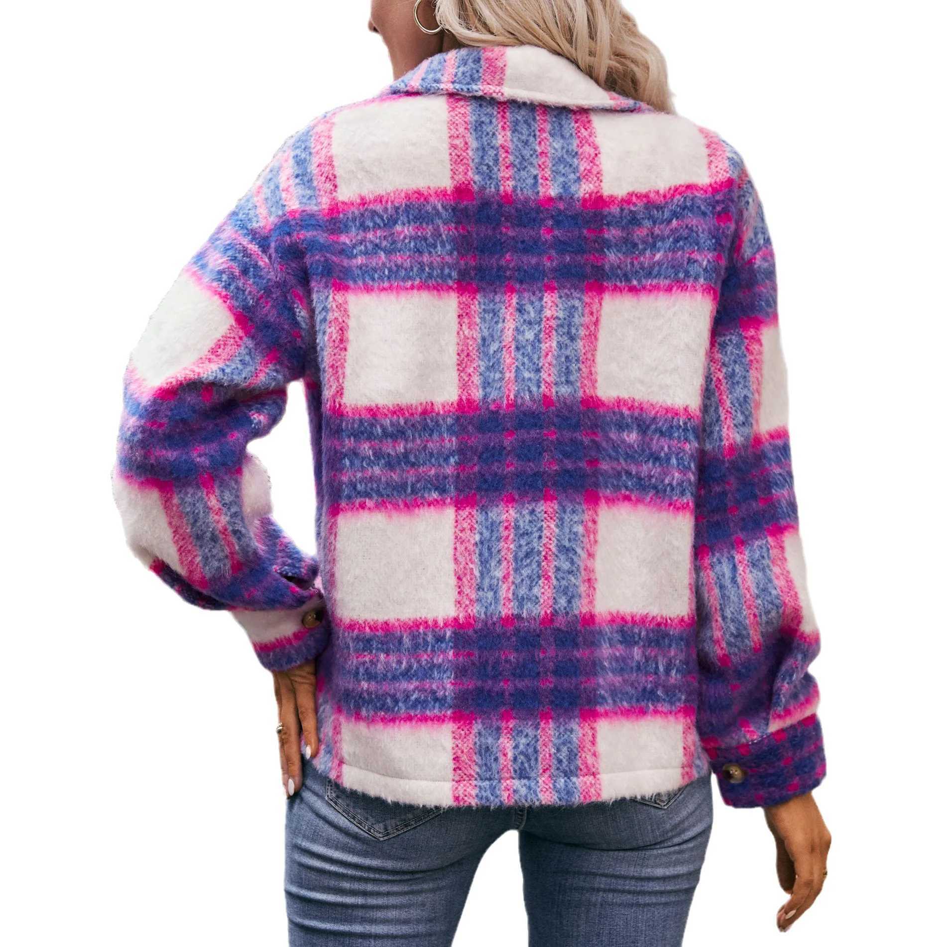 2024 Autumn Winter Women Short Coats Female Checkered Mohair Woolen Thick Jacket Single-breasted Warm Outwears Womens ClothingX241018