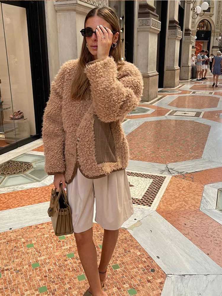 Chic Brown O Neck Splicing Lamb Wool Coat Women Casual Single Breasted Long Sleeved Pocket Warm Jacket Fall Winter Lady OutwearX241018
