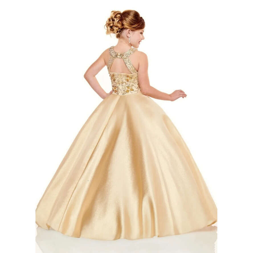 2020 Pageant Newest Girls Dresses Halter Neck A E Gold Beads Crystals Top Long Toddler Kids Formal Party Prom Gowns Wer Girl Wear