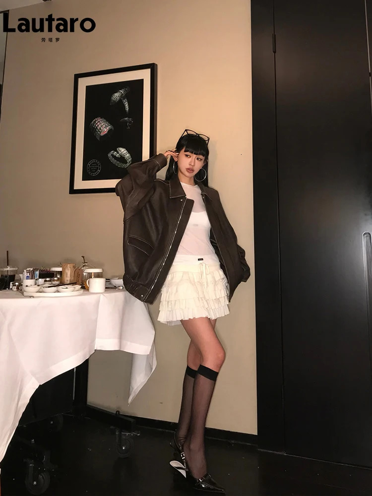 Lautaro Spring Autumn Cool Handsome Retro Oversized Distressed Brown Soft Faux Leather Jackets for Women Zipper Runway Fashion 241018