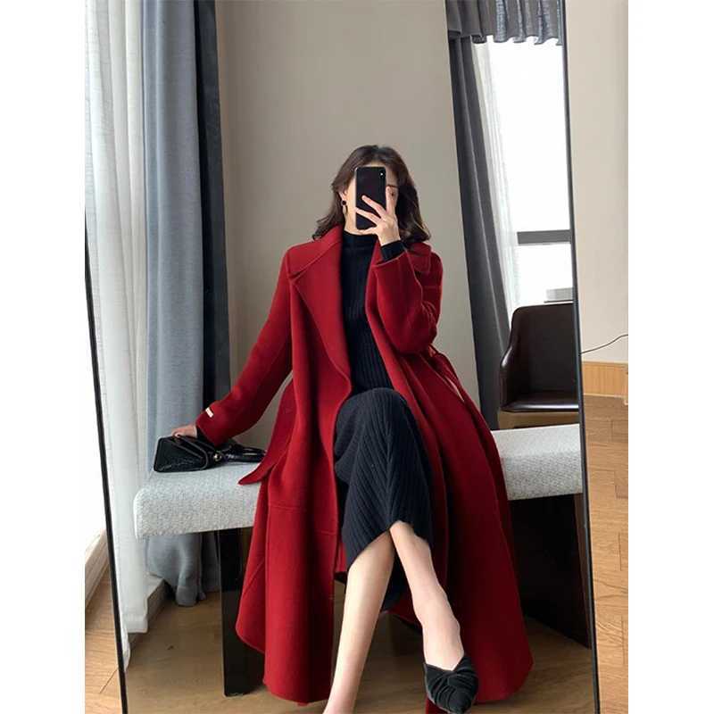 MEXZT Belt Long Wool Coats Women Vintage Lace Up Woolen Overcoat Korean Bandage Thick Jacket Winter Elegant Red Chic Outwear NewX241009