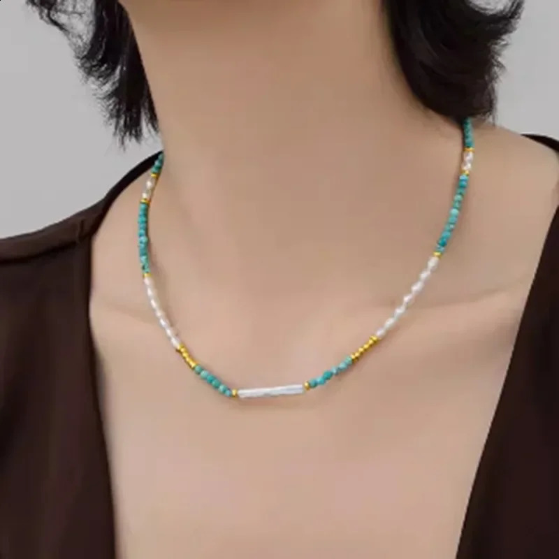 Minar handmade turquoise natural stone freshwater pearl bead necklace suitable for women 14K pure gold copper plated necklace 241018