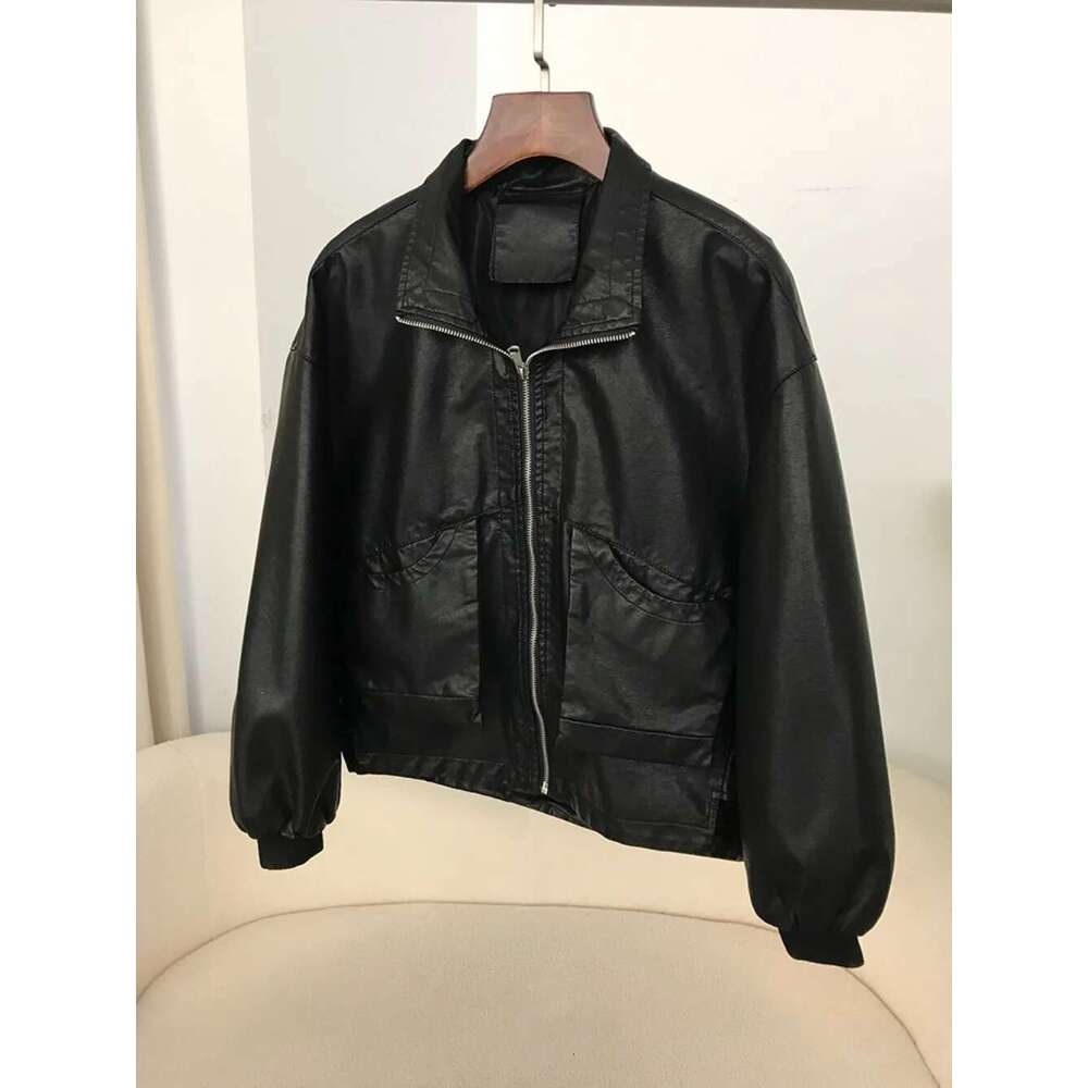 Spring Summer New Hong Kong PU Leather Jacket For Women High-End Design American Retro Motorcycle Popular Style Casual