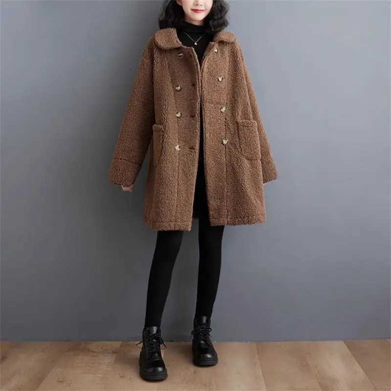 Large Size Womens Plush Jacket 2023 Autumn/Winter New Lapel Collar Lamb Wool Coat Cardigan Warm Medium Length Overcoat Z3997X241018