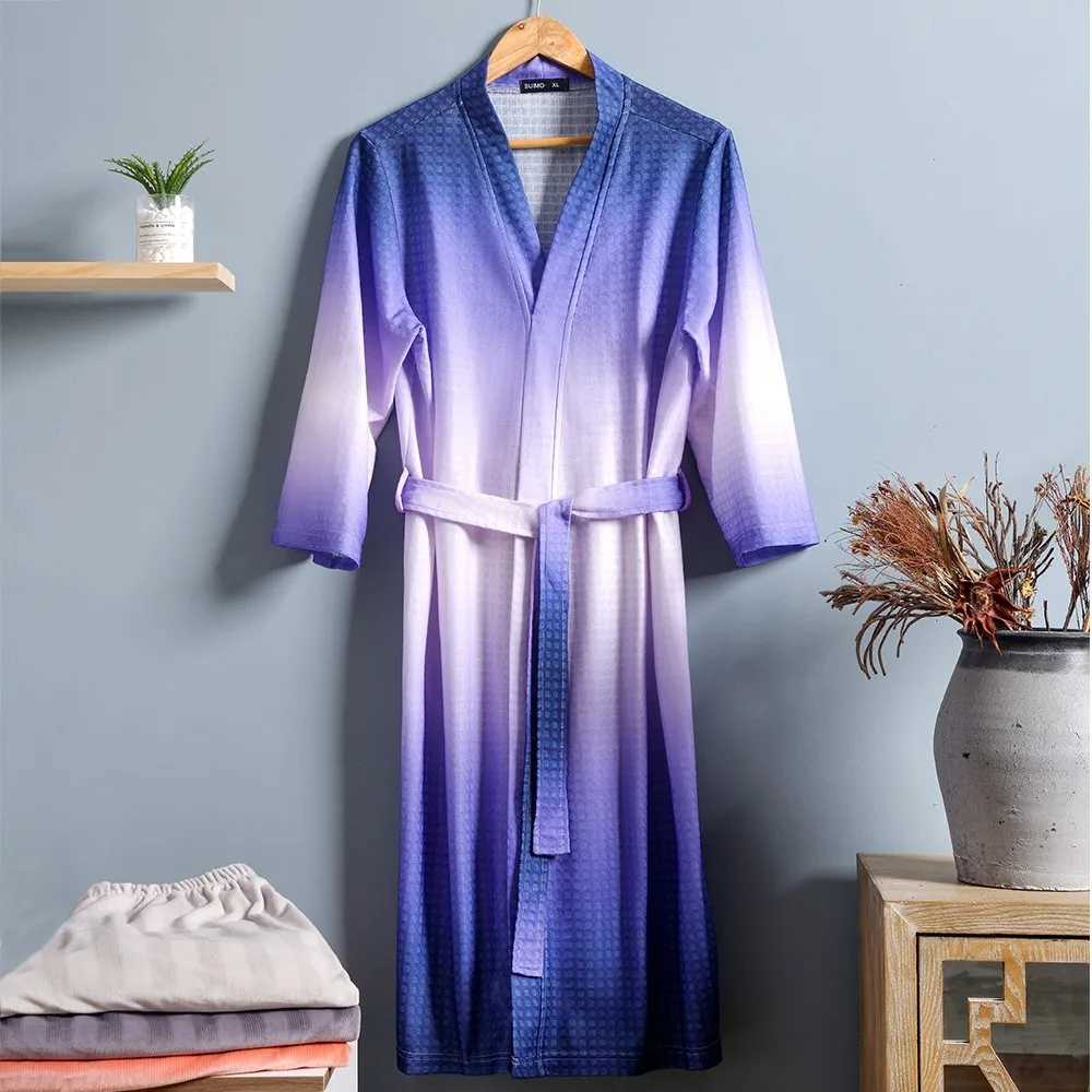Gradient Men Waffle Robe Soft Kimono Gown Sleepwear Loose Bathrobe Gown Male Casual Nightwear Oversize Home ClothesXJ241018