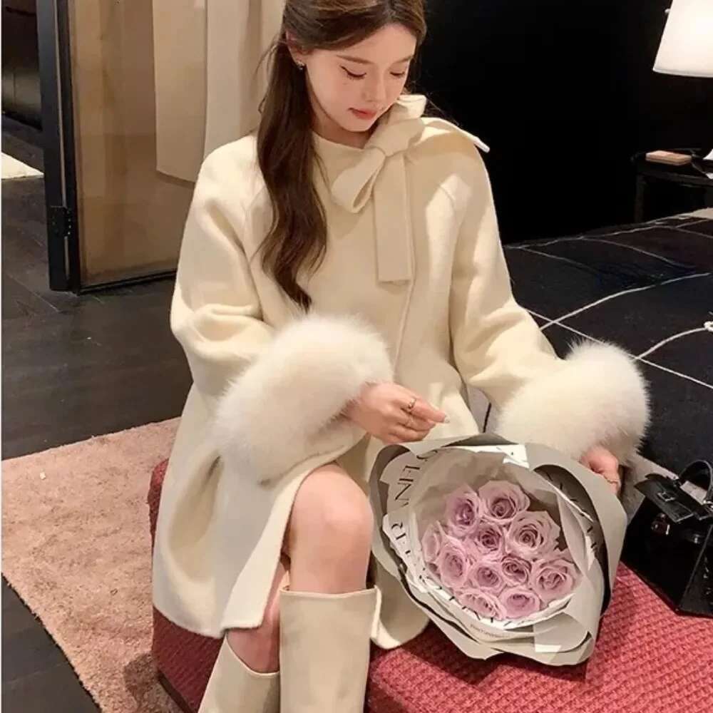 Coat Women Autumn And Winter 2024 New Double Sided Woolen Real Fox Fur Loose Bow Clip Wool Outerwear Female