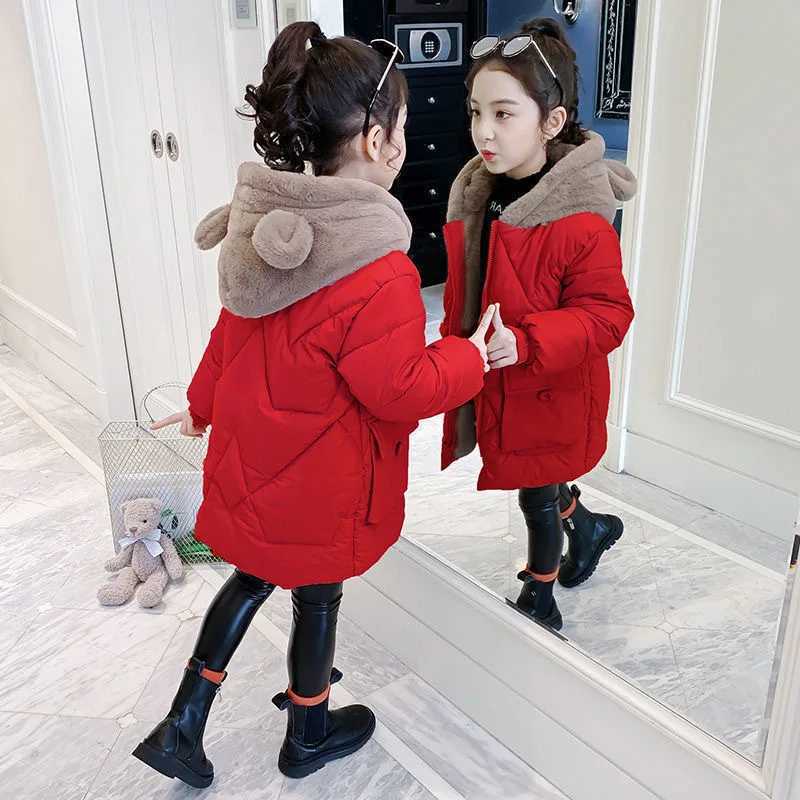 Girls Winter Jacket with Velvet Warm Coat Parkas Fashion Hooded Bear Childrens Jacket for Girls 5-12 Years M241018