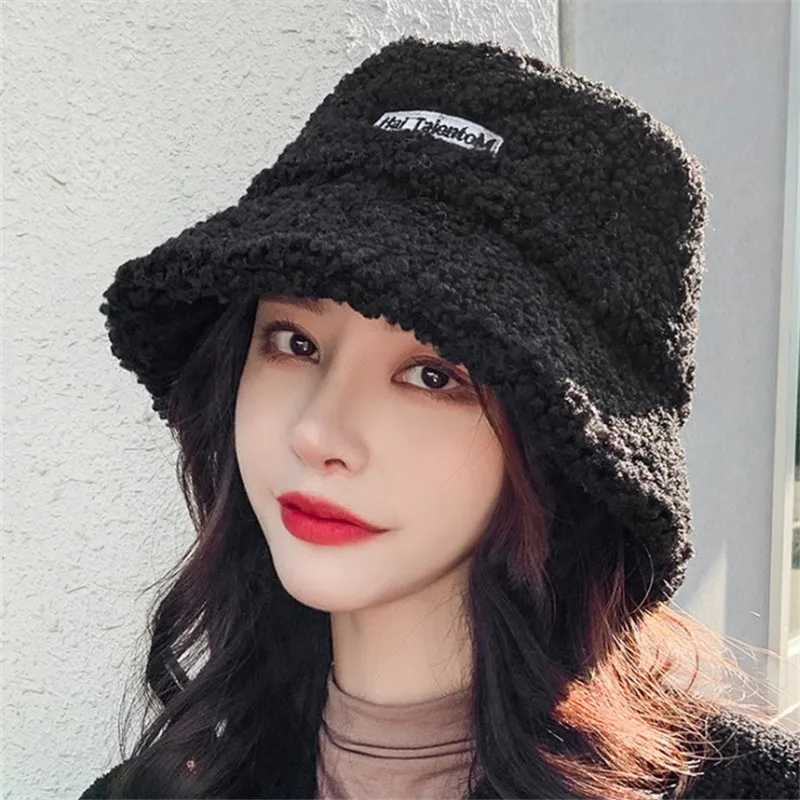 Children Winter Warm Bucket Hat Solid Letter Lamb Wool Baby Girl Boy Hats Thicken Outdoor Kids Panama Flat Sun Cap LX241018