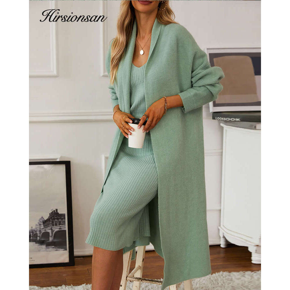 Hirsionsan Soft Elegant Women Suits 2 Pieces Female Sets V Neck Tan Midi Dresses & OL Style Knitted Long Cardigan Tracuit