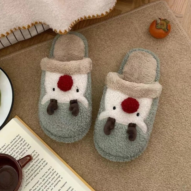 Winter womens cartoon deer fur slider mens indoor plush quiet sandals couple Christmas cotton shoes girl warm slider as a gift241018bj