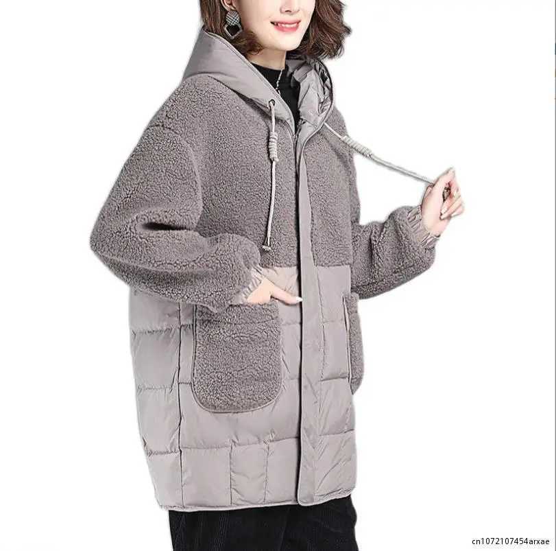 Women Padded Jackets Autumn Winter Hooded Outerwear 2023 Loose S-4XL Down Cotton Jacket Mid-Length Lamb Wool Thick Coat FemaleX241018