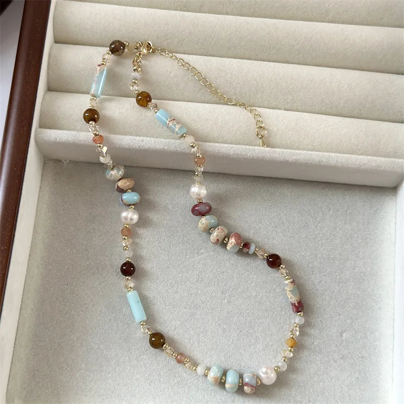 Bridal handmade irregular womens jewelry necklace party gift Bohemian colored natural stone bead necklace vintage necklace 241018