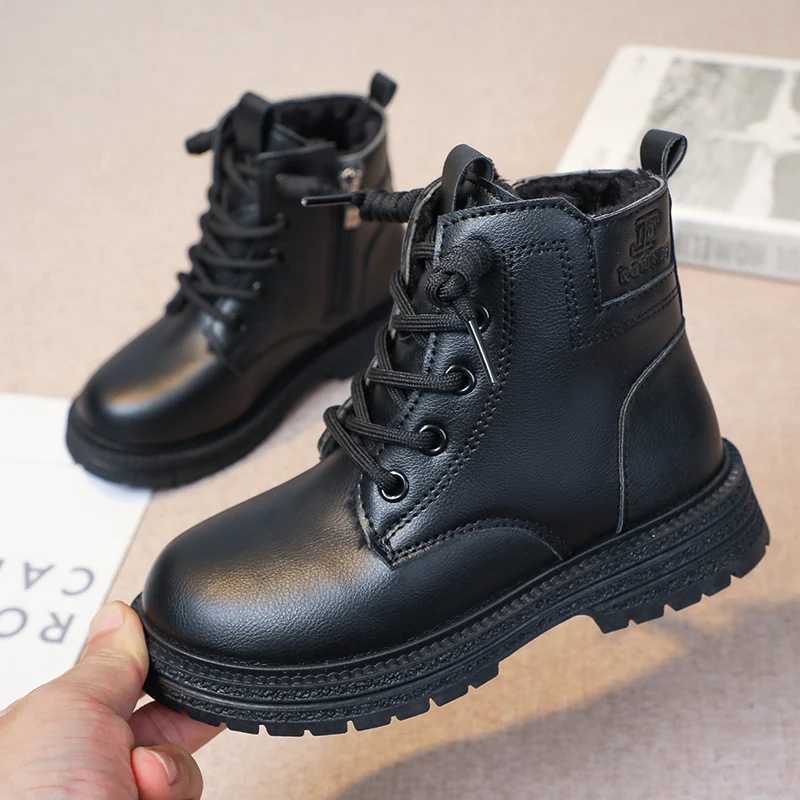 Boots Girls Leather Boots Kids Fashion Rubber Boots Cool Soft Sole Side Zip Children Catwalk Boots Round-toe Solid Color 2024 New H241018