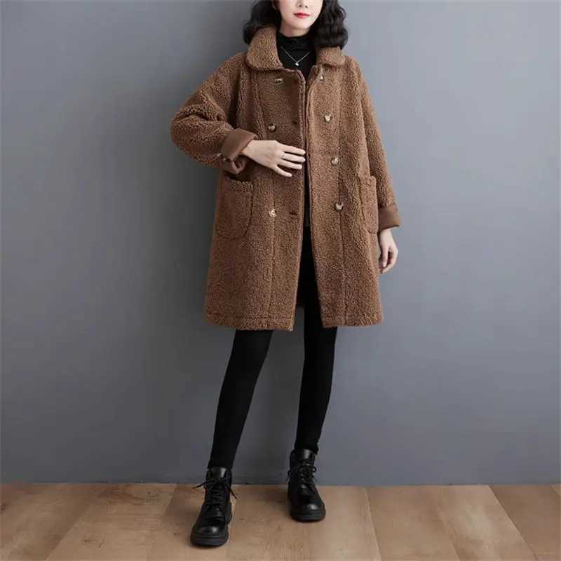 Large Size Womens Plush Jacket 2023 Autumn/Winter New Lapel Collar Lamb Wool Coat Cardigan Warm Medium Length Overcoat Z3997X241018