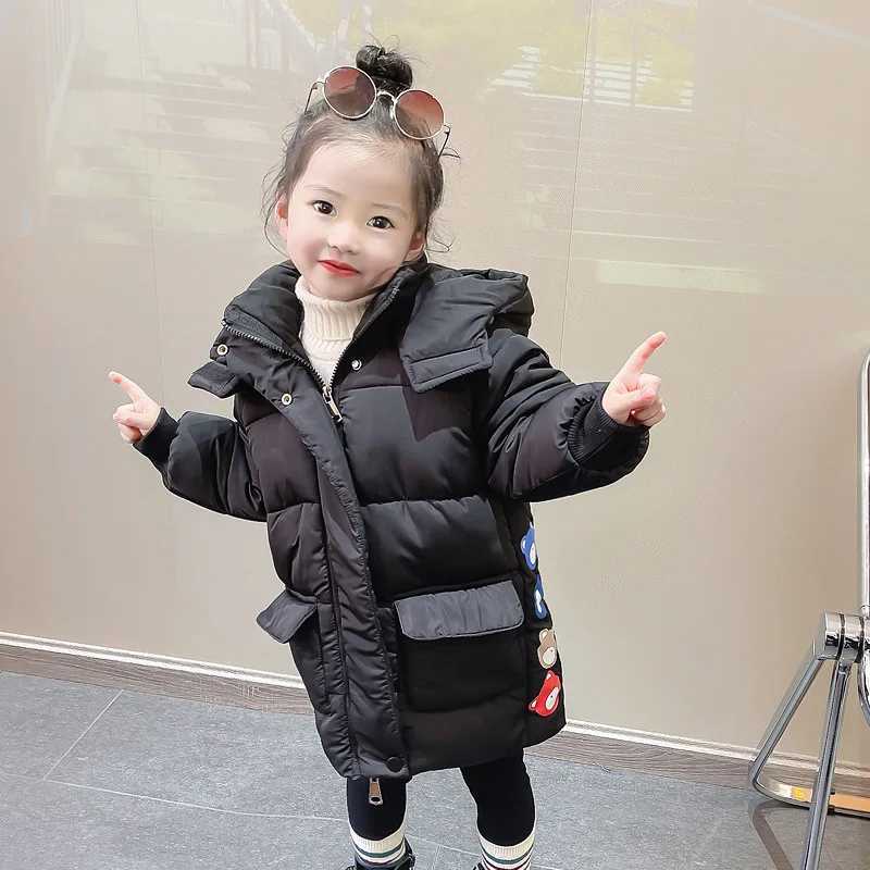Winter Womens Jacket Long Cartoon Bear Print Thick Hoodie Suitable for 2-6Y Womens Down Jackets M241018