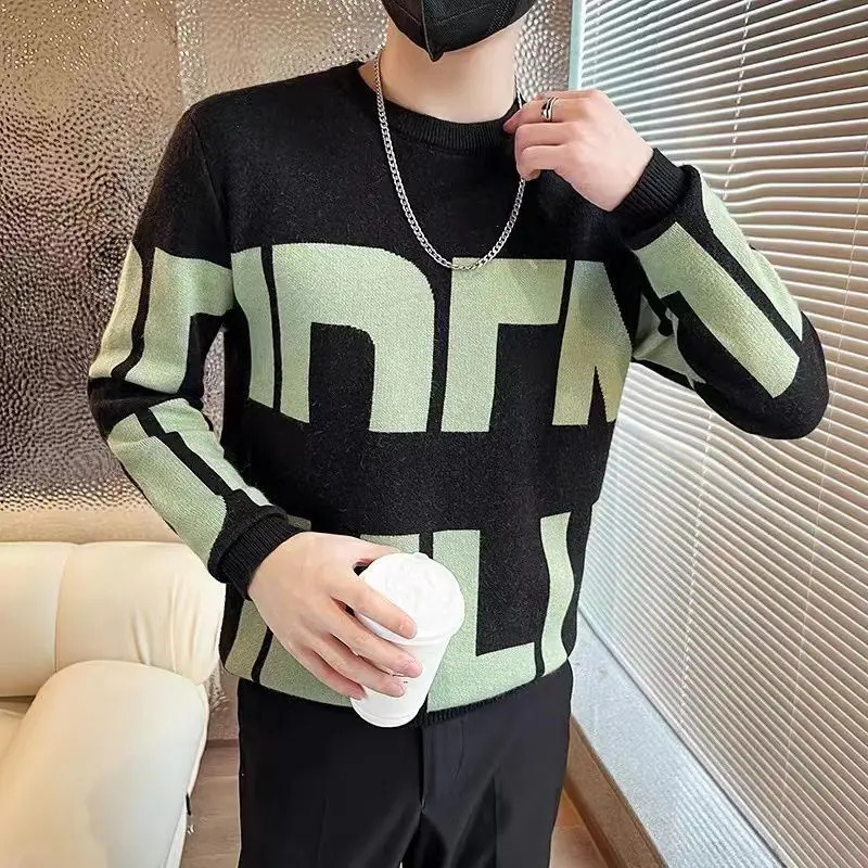Fashion ONeck Spliced Casual Letter Sweaters Mens Clothing Autumn Winter Loose Knitted Korean Pullovers Allmatch Tops 241018