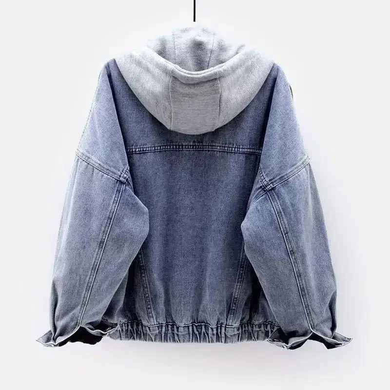 Womens Thickened Warm Lamb Wool Top Denim Jacket Hooded Loose-fit Fleece Lining For winterX241018