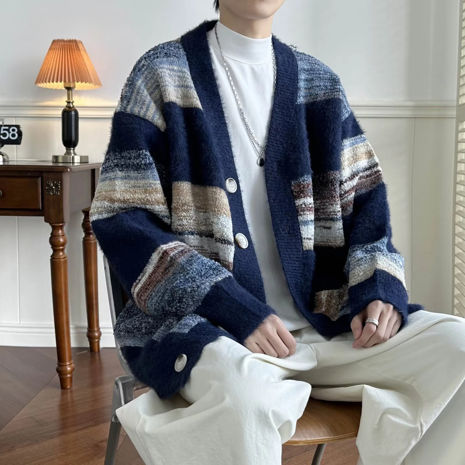 Striped Cardigan Men Chic Baggy Slouchy Vneck Japanese Style Harajuku Vintage High Street Knitting Sweaters Allmatch Autumn 241018