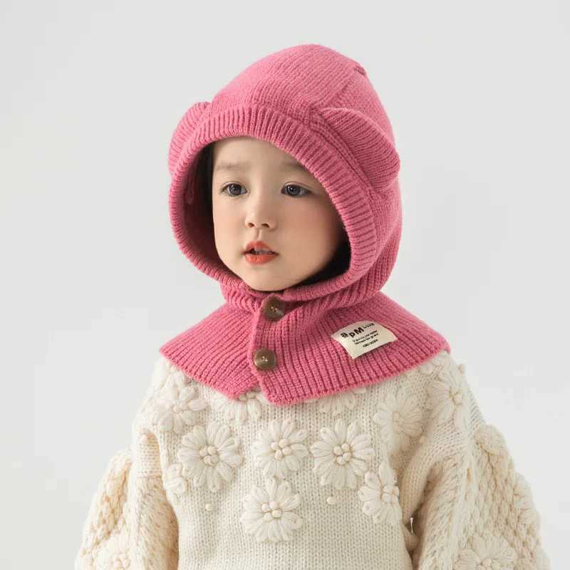 Cute Bear Baby Balaclava Hat Winter Warm Ear Protection Cap Scarf One Piece Solid Color Kids Boy Girl Knit Wool Hats LX241018