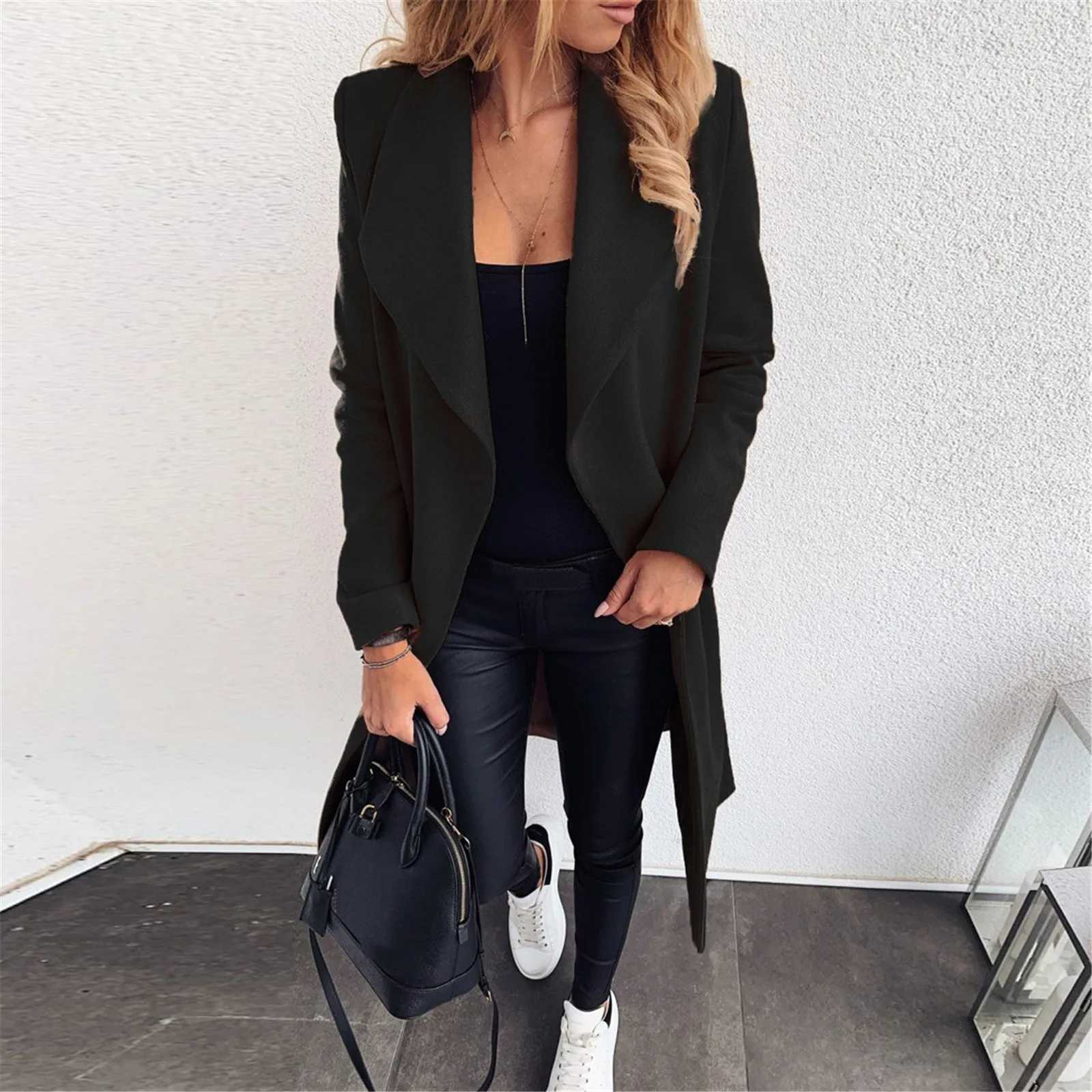 Womens Woolen Cardigan Coat Autumn Winter Solid Color Long Sleeve Lapel Warm Midi Trench Coat Single-Breasted Womens JacketX241009