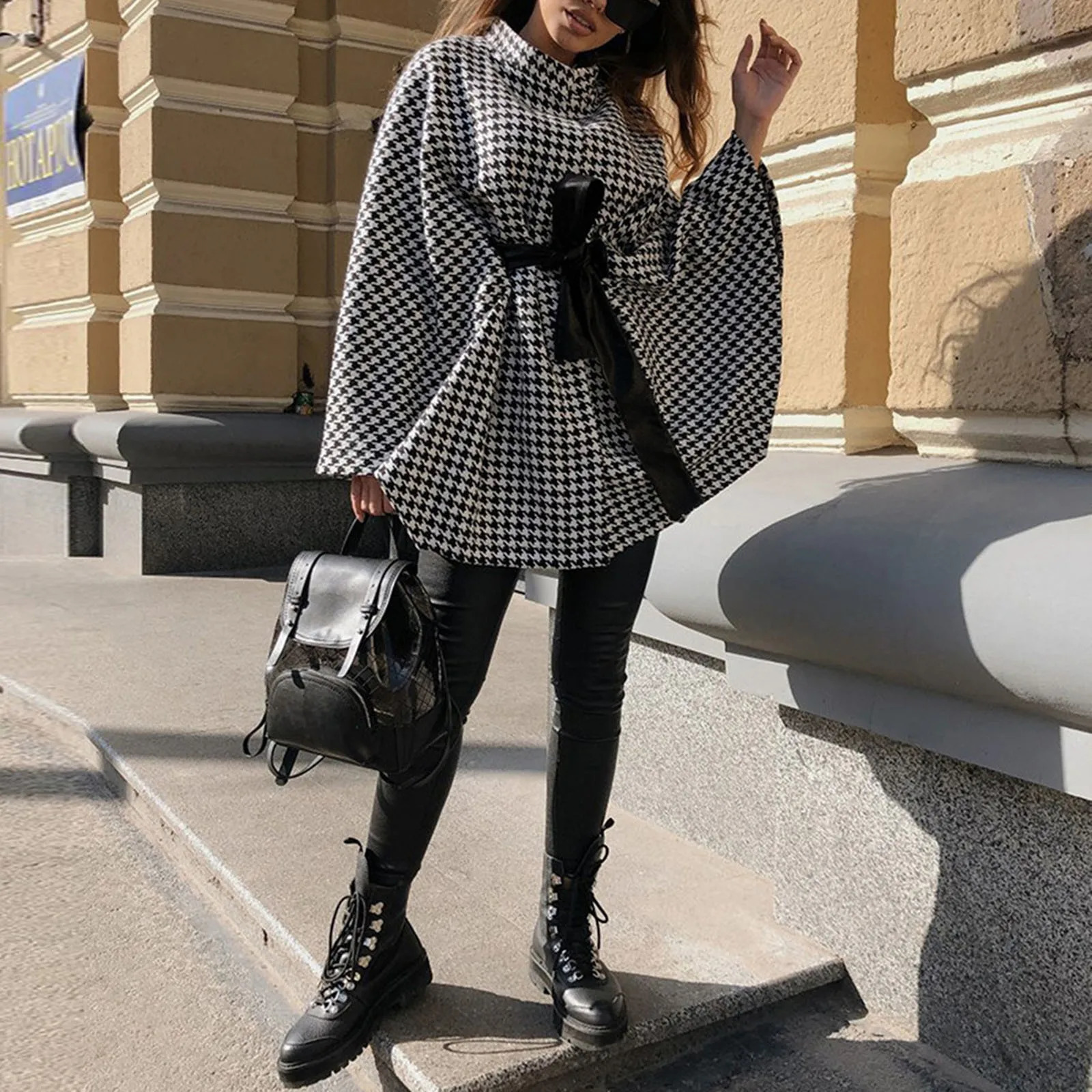 Women Winter Coats Arrival Loose Oversized Cloak Top Fashion Vintage Black White Plaid Korean Style y Warm Jacket 241018
