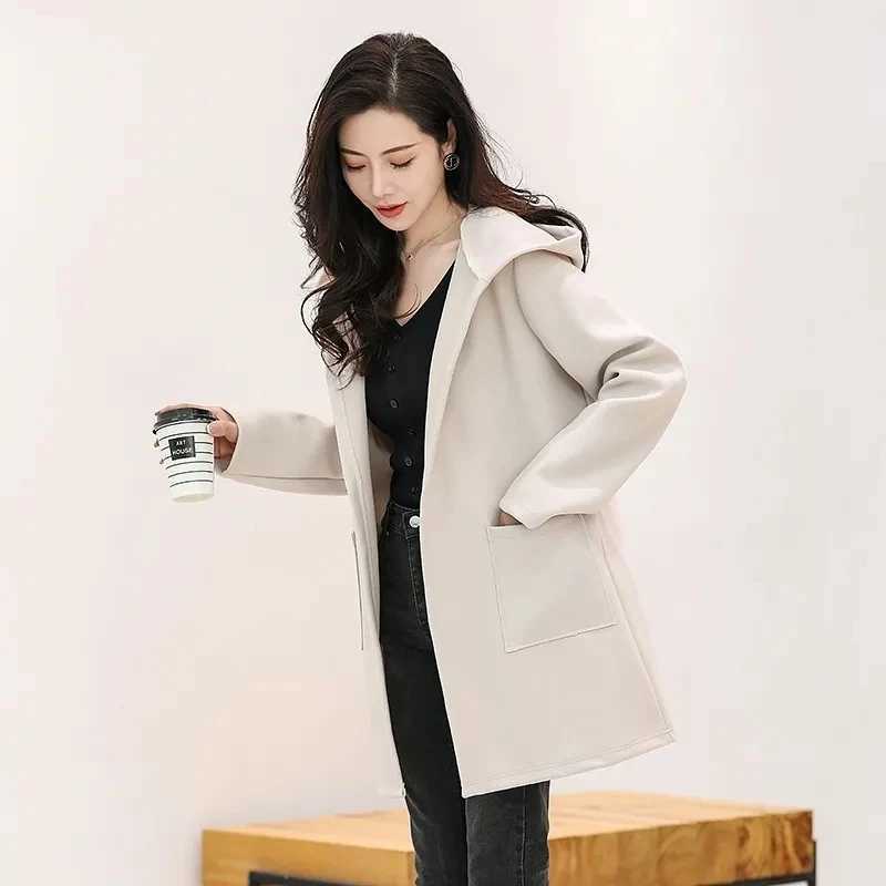 Woolen Coat Spring And Autumn New Korean Version Thin Brief Temperament Cardigan Woolen Ladies Jacket Medium Long Coats GirlX241009