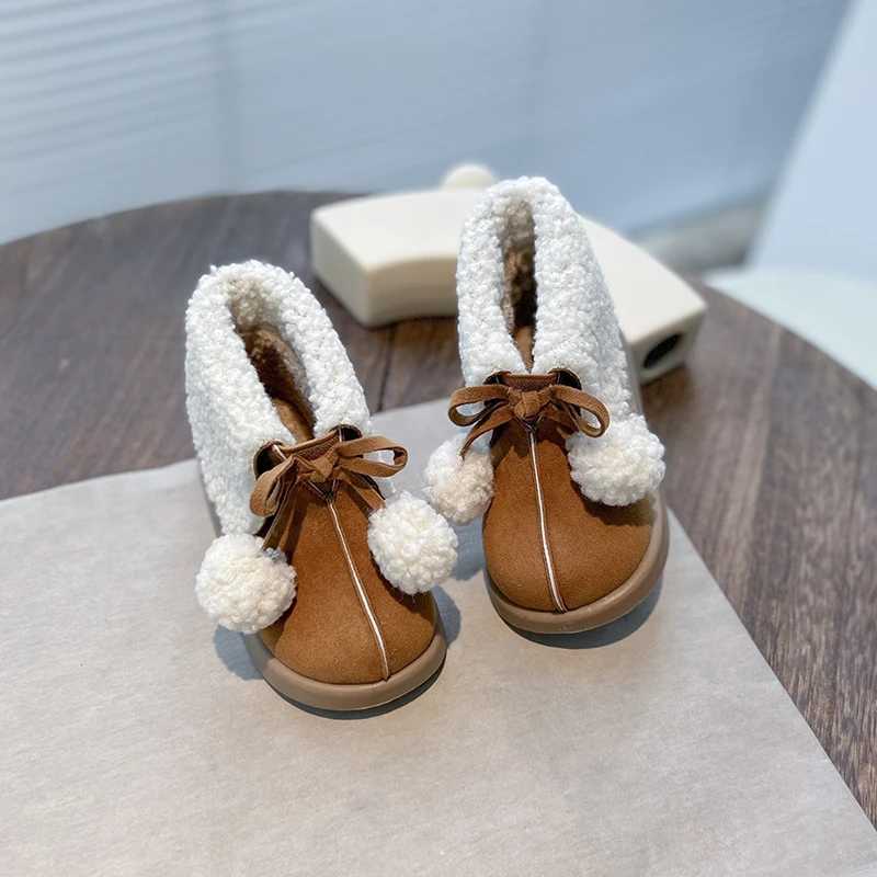 Boots Korean Style Children Girls Snow Boots 2023 Winter New Kids Fur Ball Classic Fashion Boys Casual Boots Simple Non-slip Flats H241018