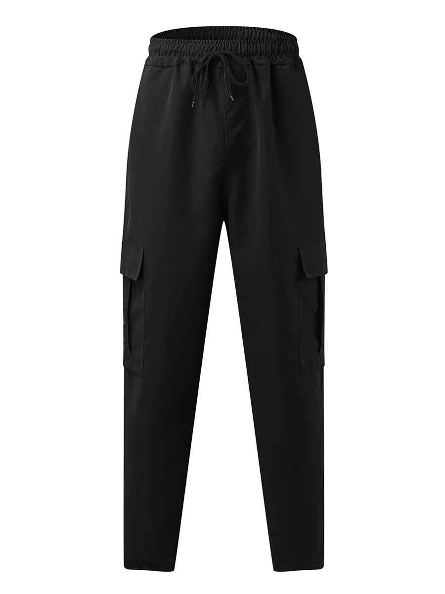Men s Loose Cargo Long Pants Solid Color Drawstring Waist Straight Leg Trousers Casual Work with Pockets 241018