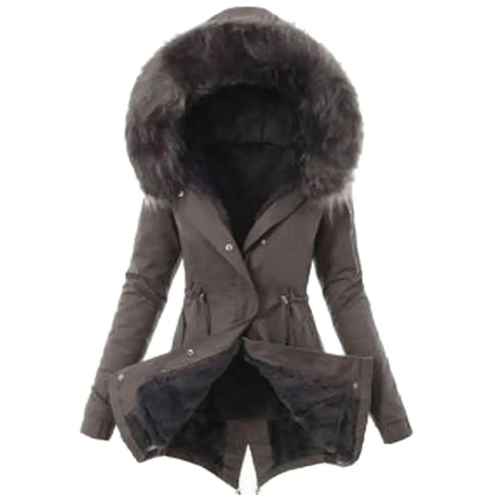 Warm Winter Women Faux Fur Hooded Cotton Down Jacket Casual Outwear Long Overcoat 241018