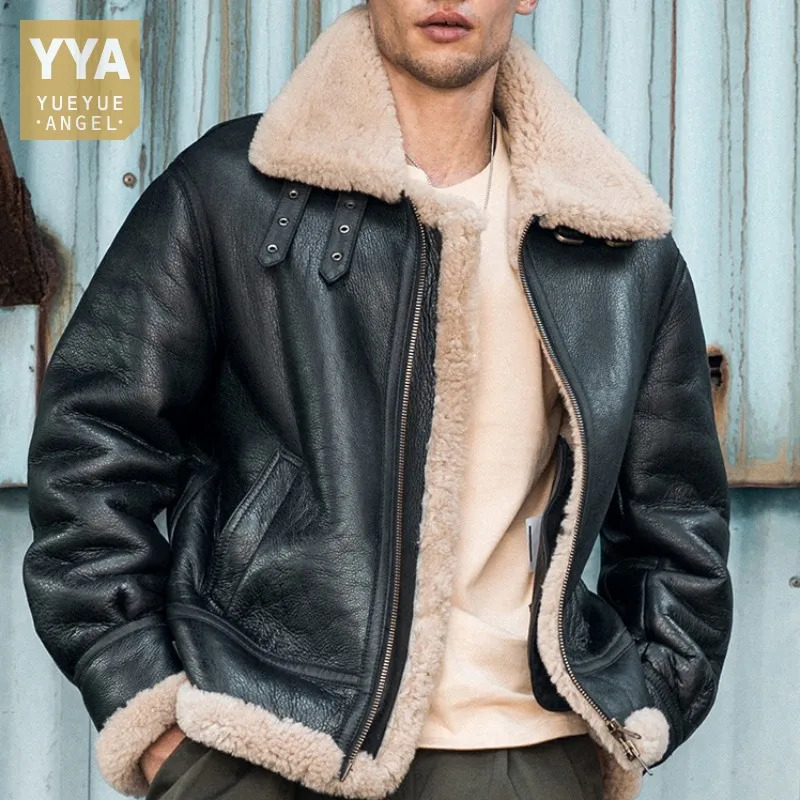 Mens Real Fur Classic Brown Black Bomber Jacket Winter Shearling Sheepskin Coat Men Genuine Leather Biker Jackets Large Size 6XL 241018