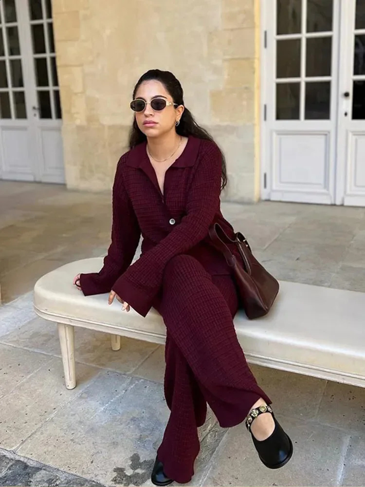 2024 Autumn Women Wine Red Knit Sweater 2 Peice Sets V-neck Cardigan Coats High Waist Wide Leg Pants Ladies Fashion Casual Suits 241017