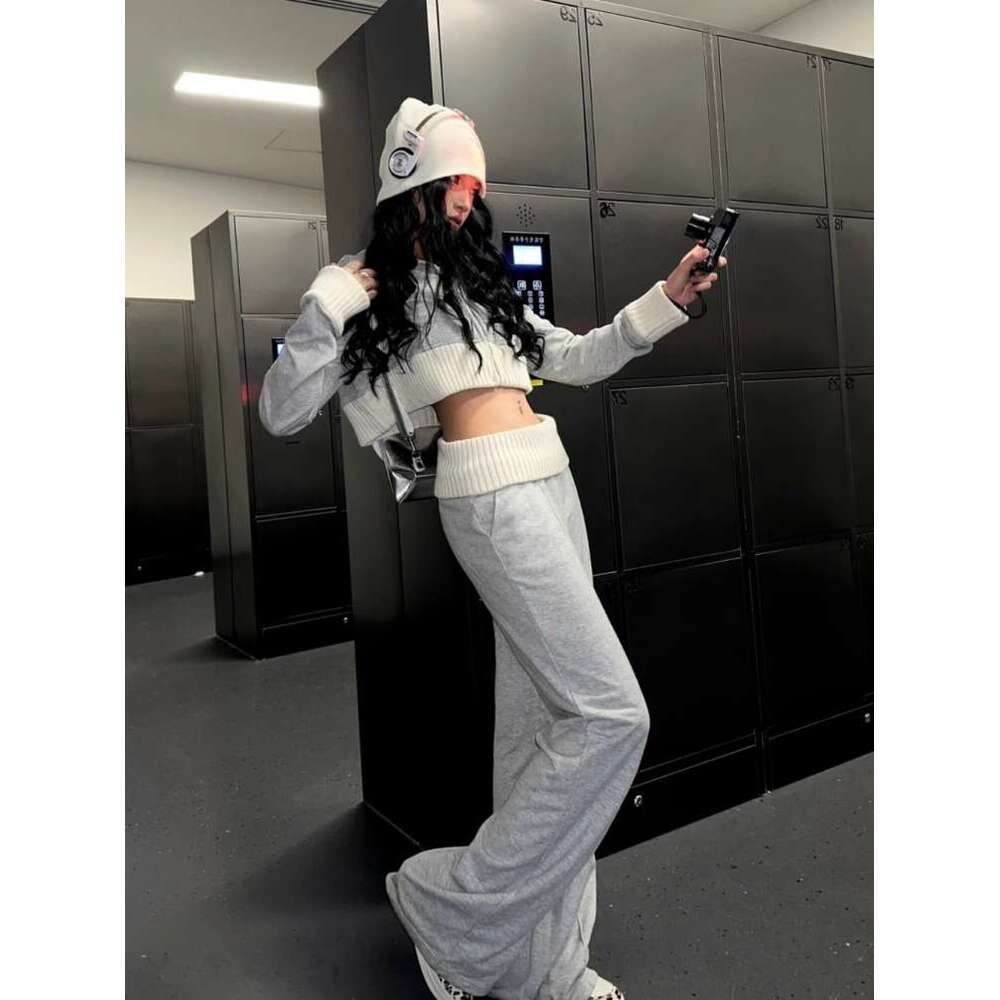 Casual All-Match Gray Hoodie Sweatshirts Coat Women+ Y2k High Waist Loose Wide Leg Pants 2024 Autumn New Two Piece Sets