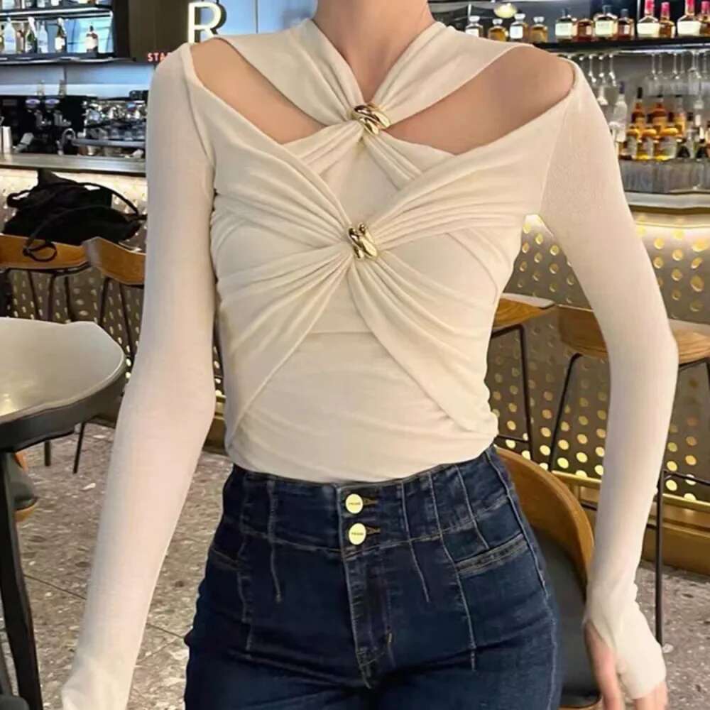 Spring Autumn New Fashion Women's Knitted Pullover Long Sleeves Folds Hollow Out Elastic Knot Slim Designer Sweater 2024