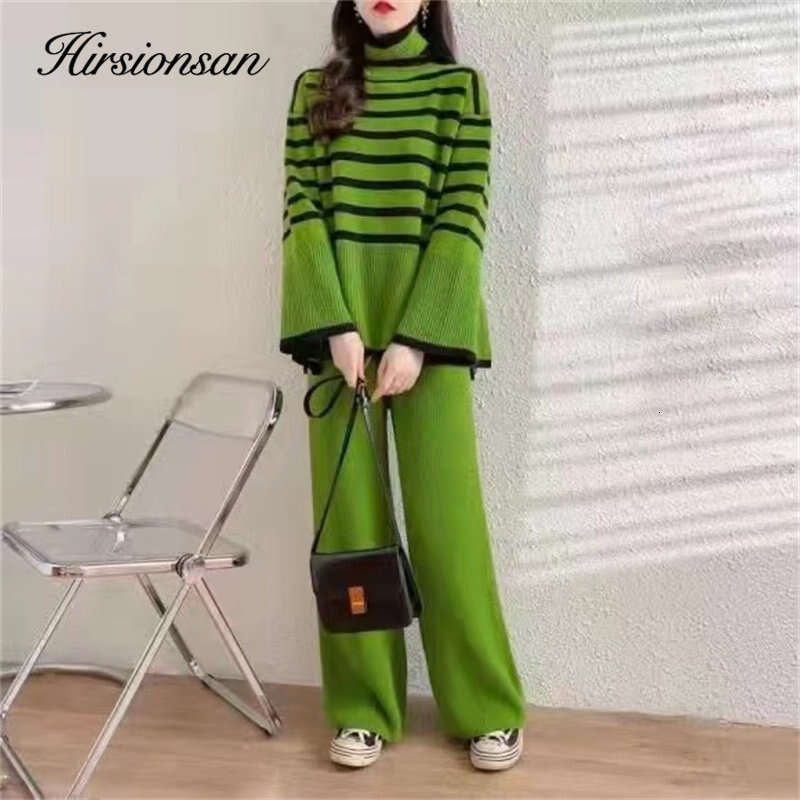 Hirsionsan Turtleneck Sweater And Wide-Leg Pants Two-Piece Suit Women Fashion Slim Loose Slit Knitted Sets Female Casual Outfits