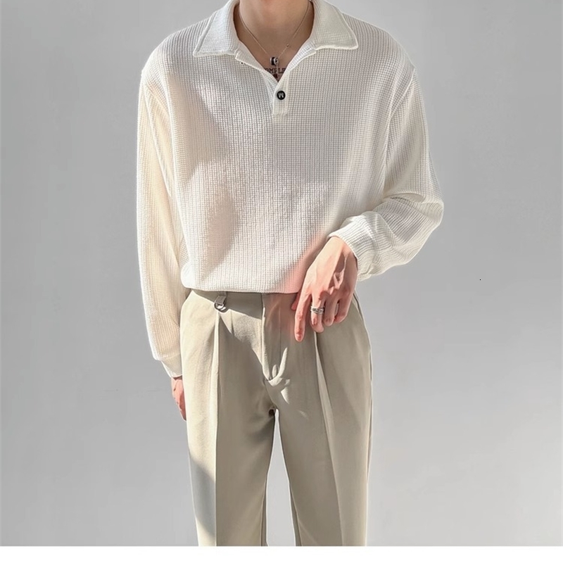 Spring Autumn Men Long Sleeve Polo Neck Loose T-shirt Casual Base Shirt Breathable Other Fiber Mixed Korean Style 241017