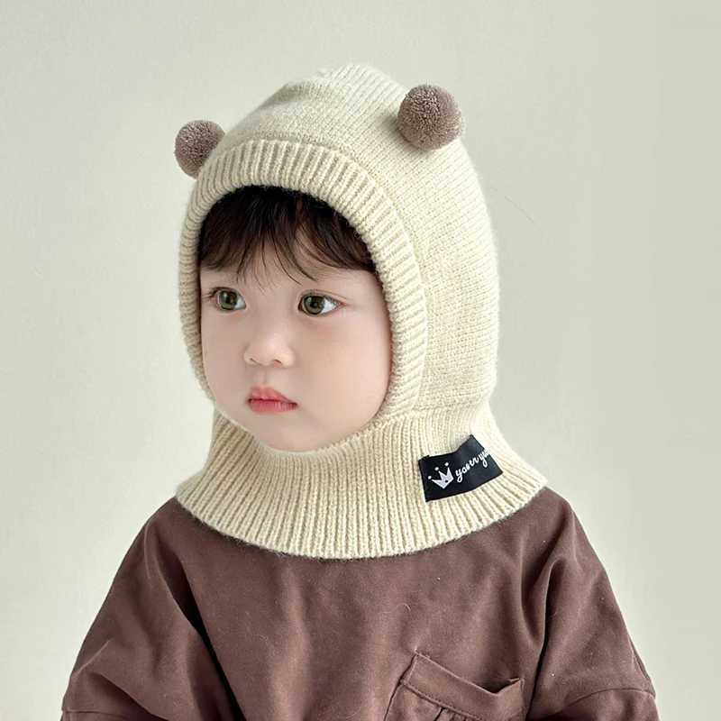 Cute Pompom Kids Balaclava Hat Winter Warm Ear Protection Cap Scarf One Piece Solid Color Wool Kids Beanie Caps LX241018