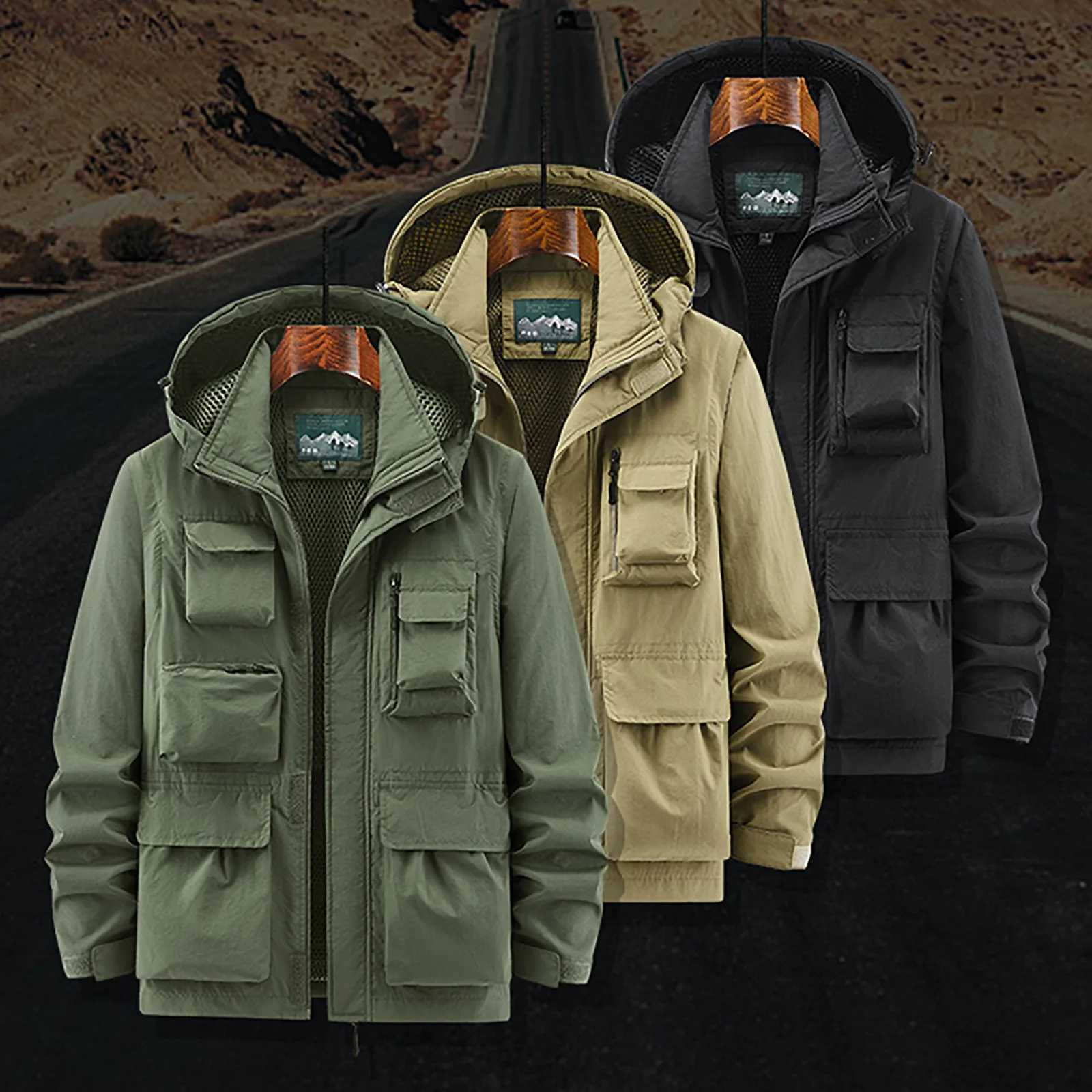 MenS Multi-Pocket Military Windbreaker Jacket Casual Detachable Sleeve Hooded Coat Waterproof Tactical Bomber Army Cargo Jacket LX241018