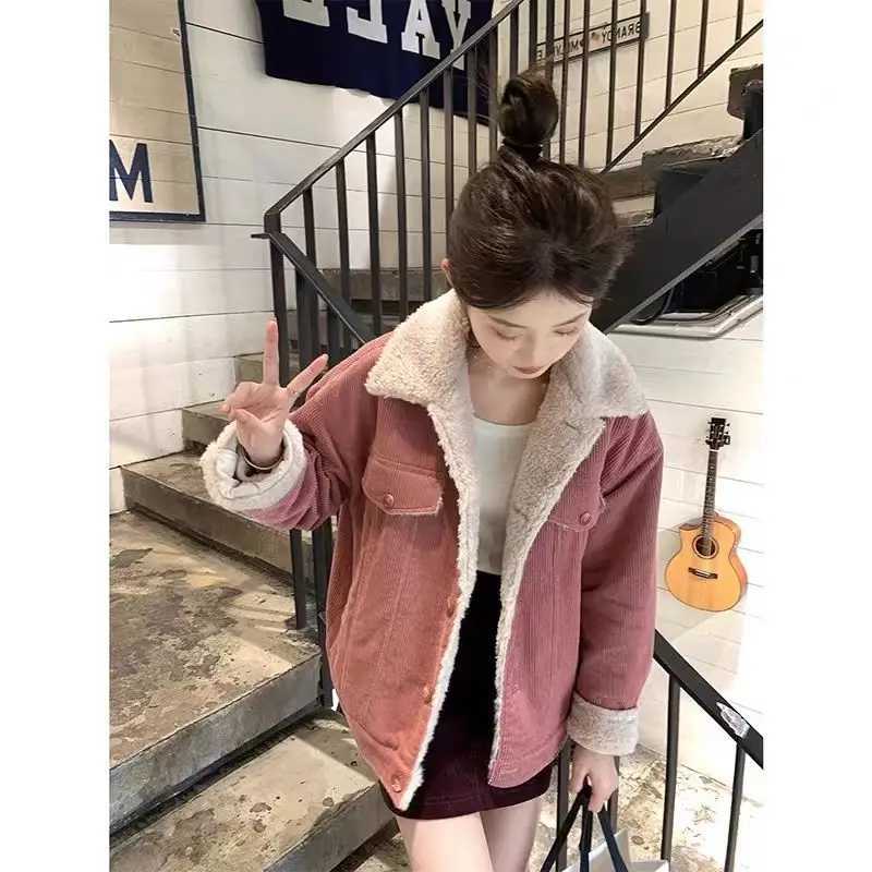 Corduroy jacket for women autumn and winter new Korean style loose lamb wool plus velvet student corduroy top trendy coatX241018