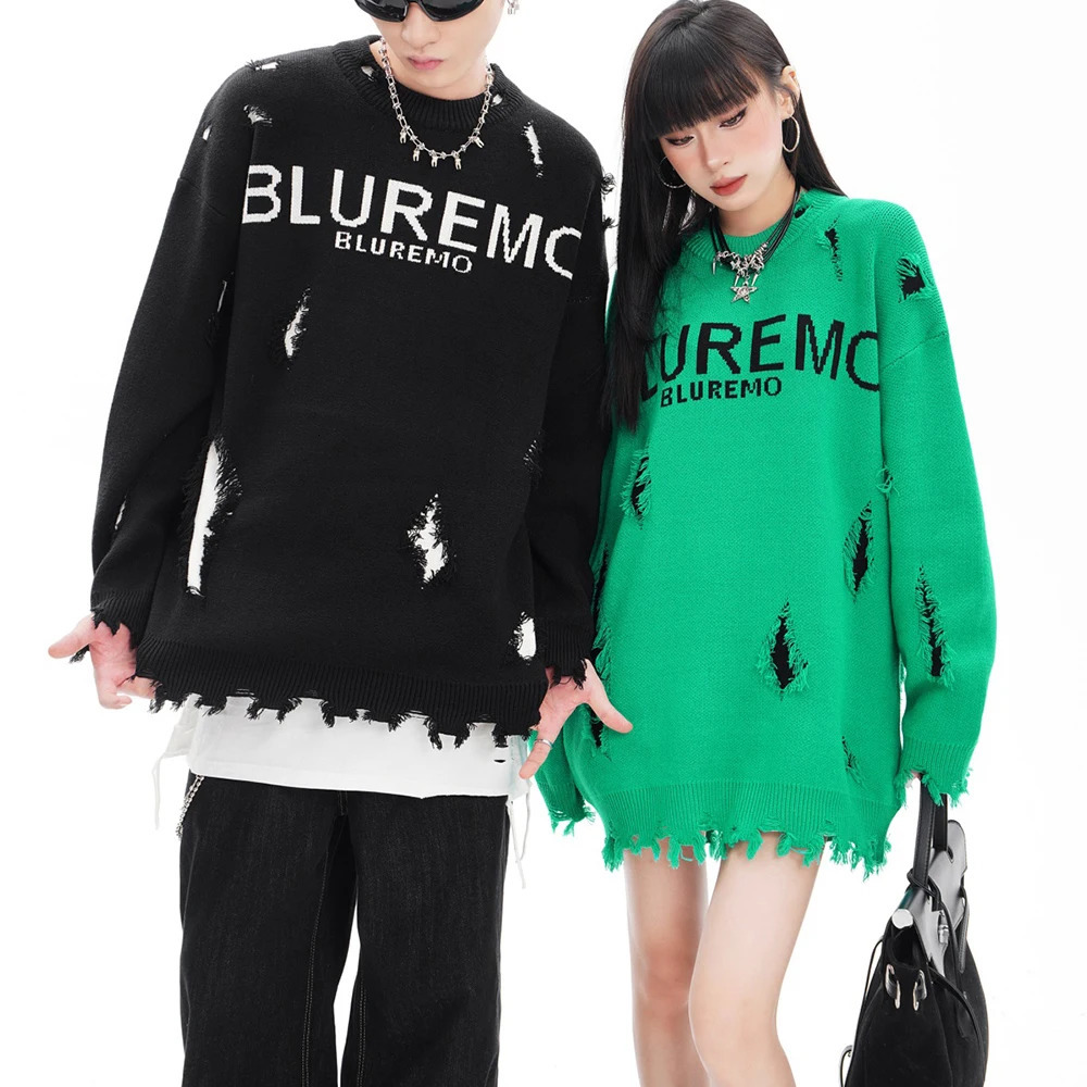 High Street Frayed Ripped Damaged Baggy Fall Sweater for Men and Women Crew Neck Letter Patchwork Casual Woolen Knitted 241018