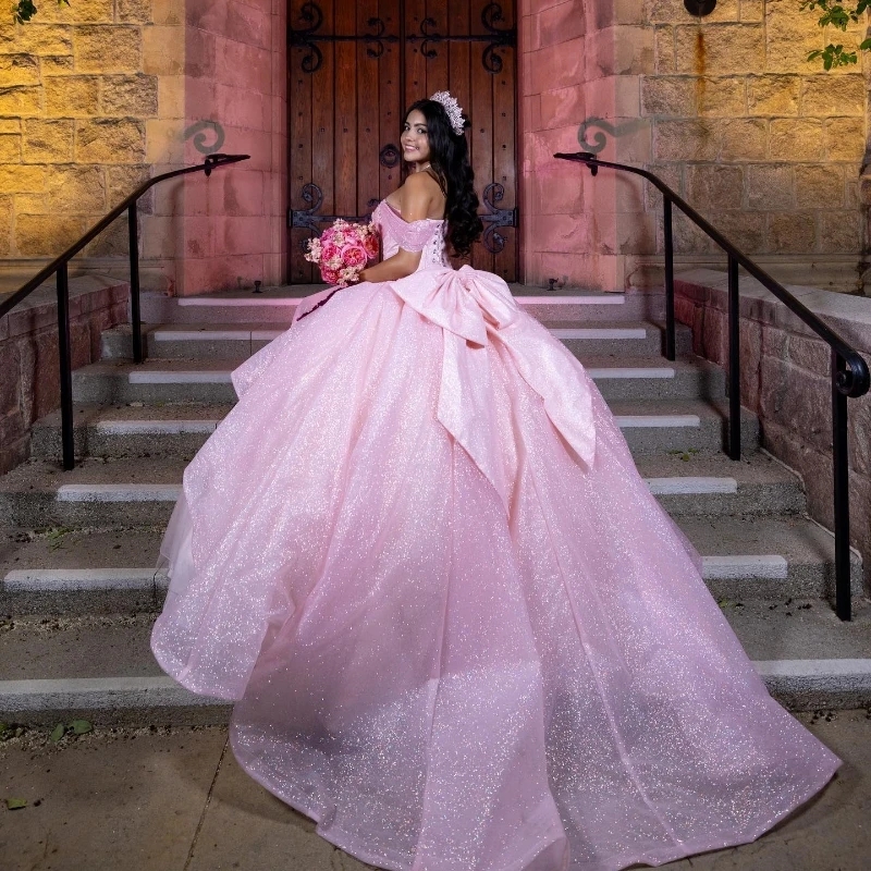 Sparkly Pink Sweetheart Off the Shoulder Princess Ball Gown Quinceanera Dresses Appliques Crystal Tull Sweet 16 Dress vestidos de 15 anos