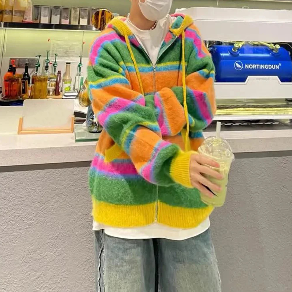 Mens street Y2k color striped knitted hooded jacket autumn unisex Korean version lazy style casual sweater unisex 241007