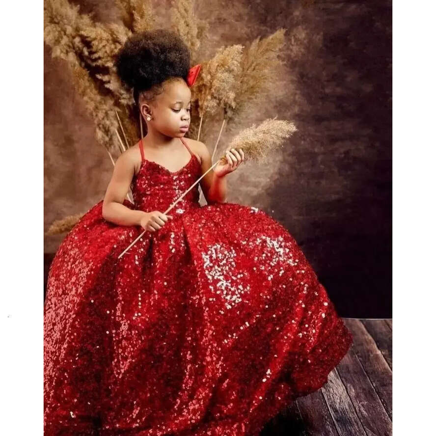 Sexy Lovely Christmas 2022 Red Sequins Wer Girls Dresses Halter Sequined Lace Or Length Kids Birthday Girl Pageant Gowns Criss Cross Back Cg001