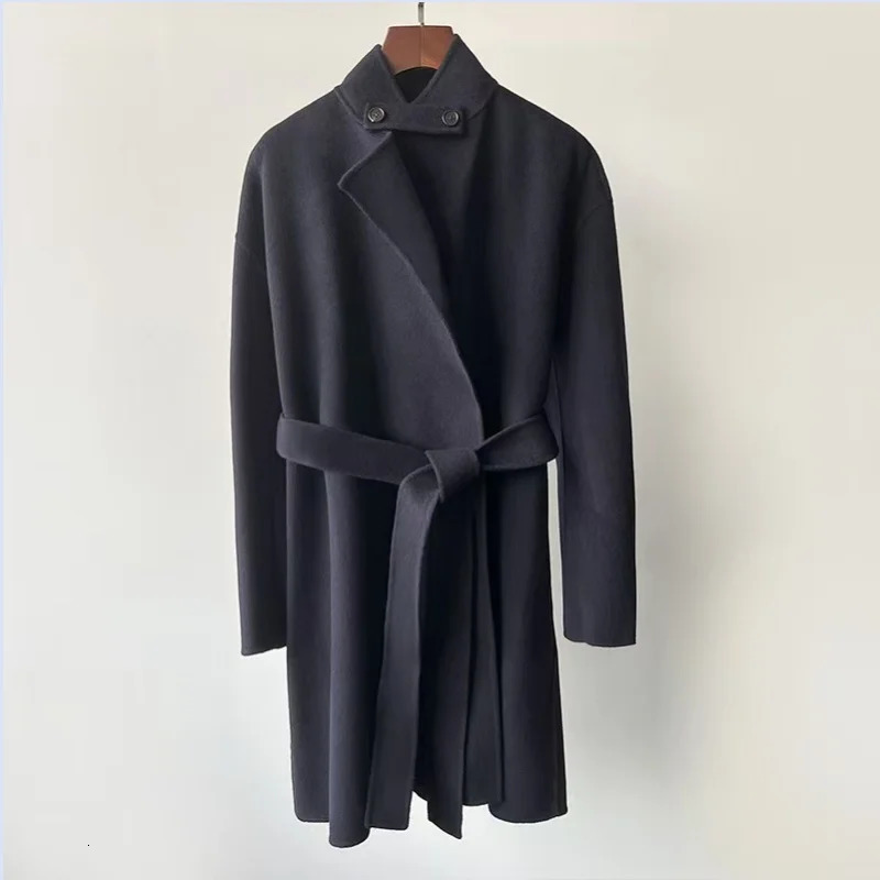 Heavy duty woolen fabric from Sweden niche stand up collar without buckle waistband mid length coat jacket 241018
