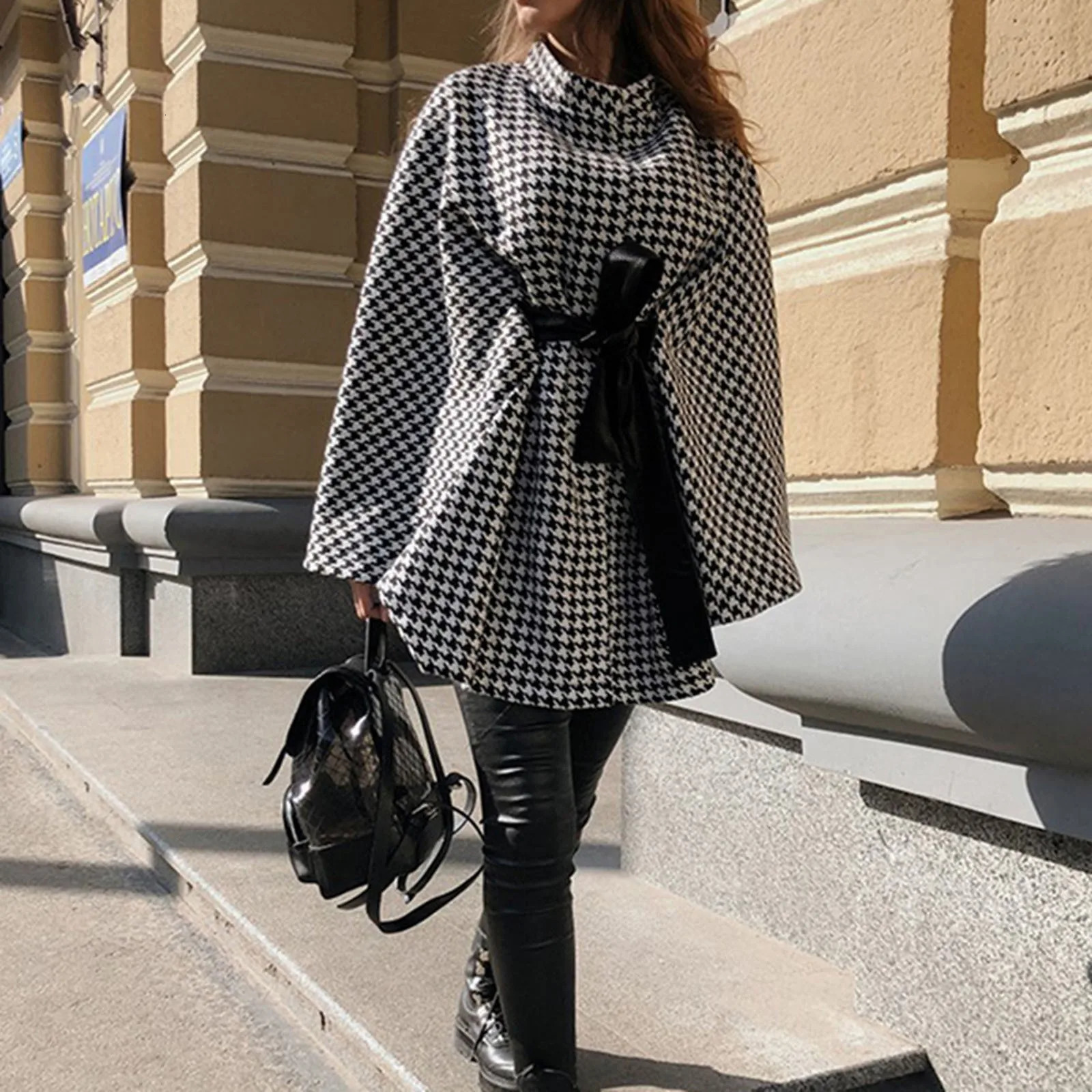 Women Winter Coats Arrival Loose Oversized Cloak Top Fashion Vintage Black White Plaid Korean Style y Warm Jacket 241018