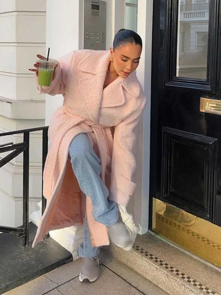 Sweet Pink With Belt Woolen Overcoat Women Fashion Lapel Long Sleeve Warm Long Coat 2024 Autumn Winter New Lady Street OuterwearX241009