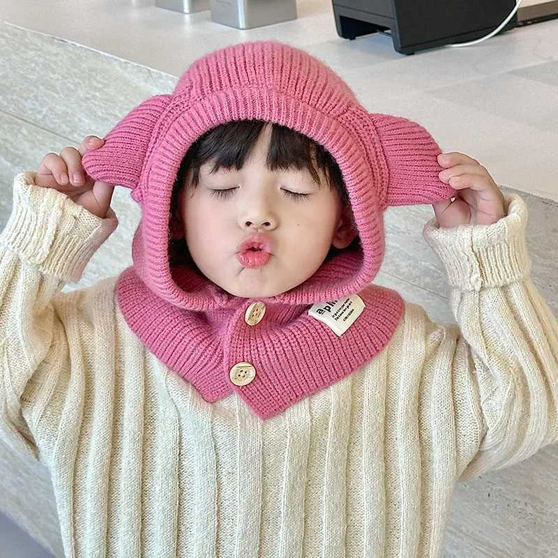 Korean Cute Bear Ear Baby Hooded Hat Winter Warm Knitted Ear Protection Balaclava Cap For Kids Girls Boys One Piece Scarf Cap LX241018